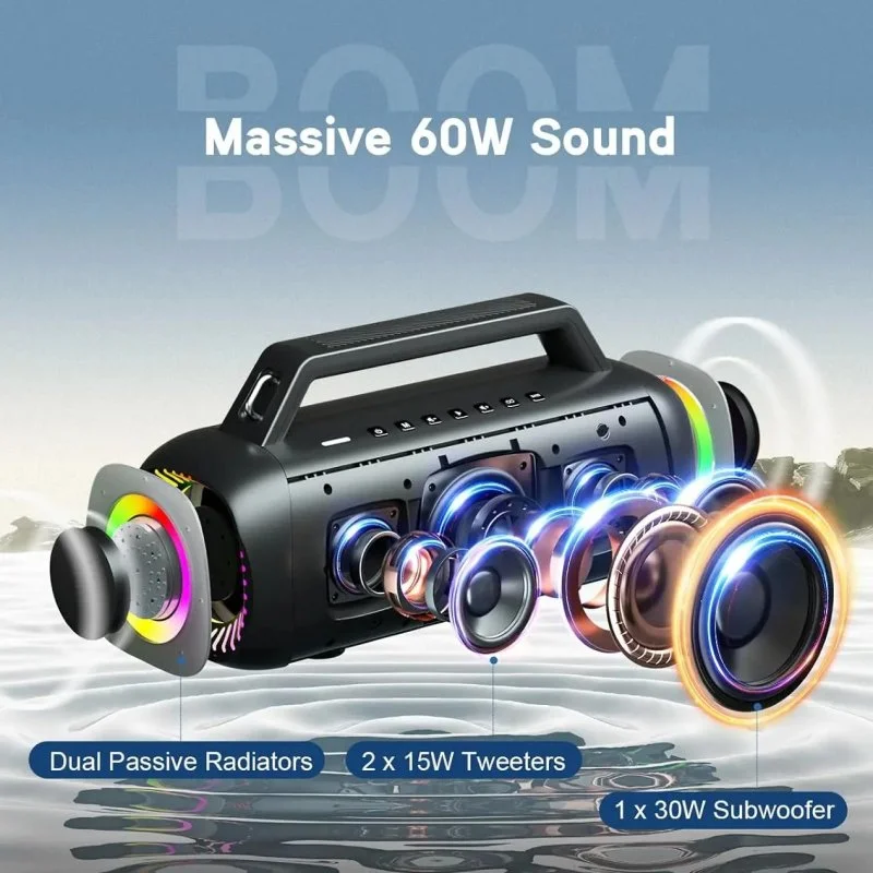 60W Portable Bluetooth Speaker with Waterproof, LED Light & Subwoofer