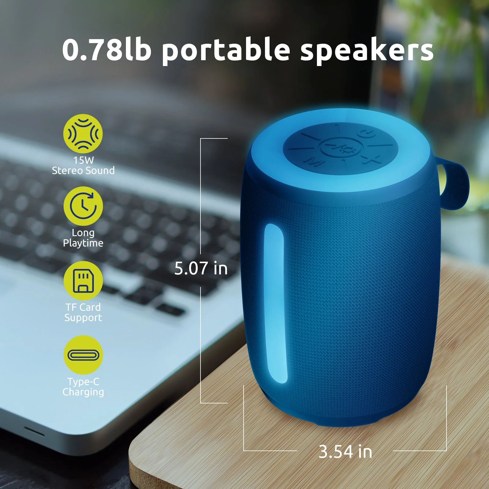 Portable Bluetooth Speaker with LED Lights, Waterproof, FM Receiver, TWS Pairing