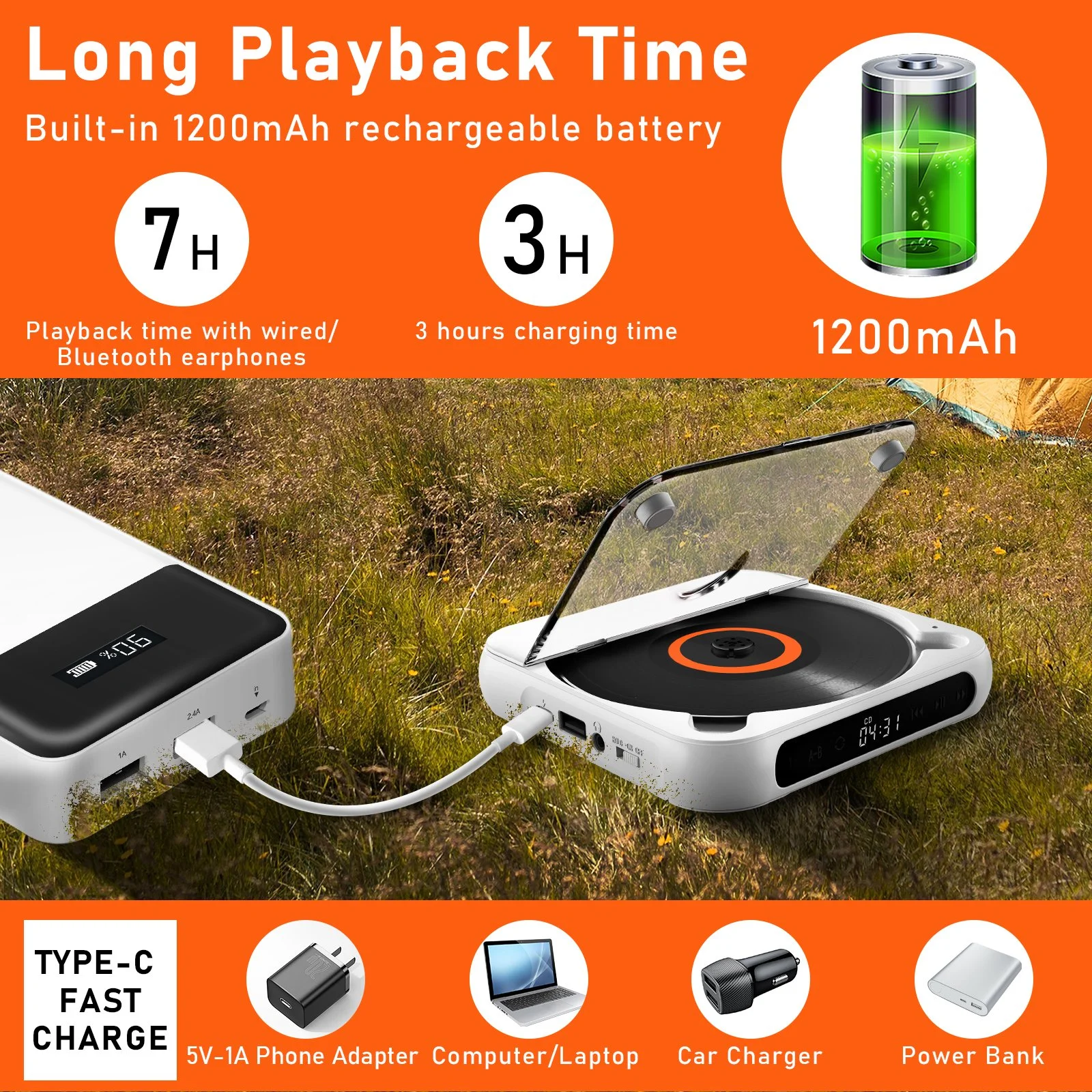 Portable CD Player with Bluetooth, LED Screen, Wall Mount, and FM Radio