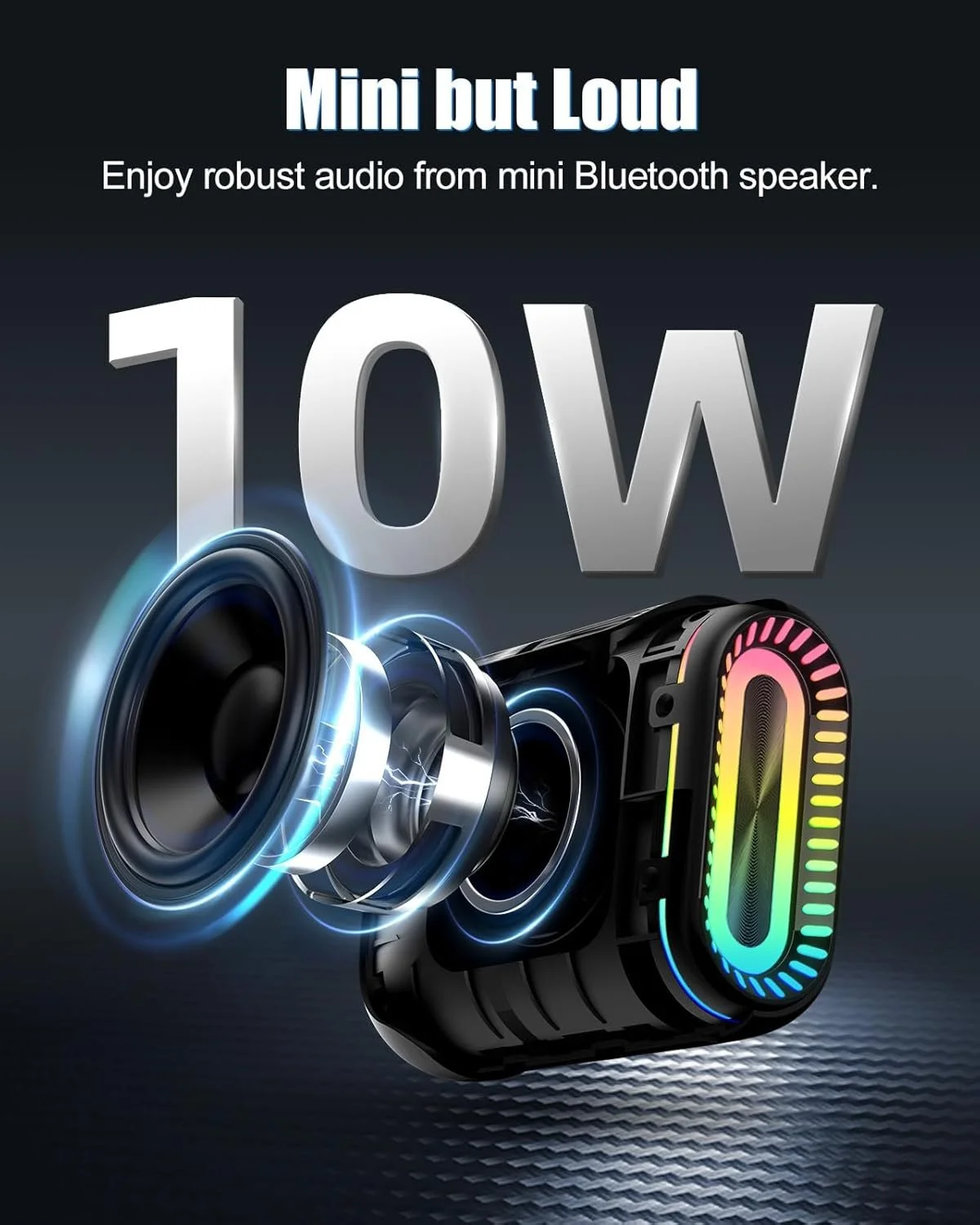 Portable Bluetooth Speaker 10W, IPX7 Waterproof, 24H Battery, RGB Lights