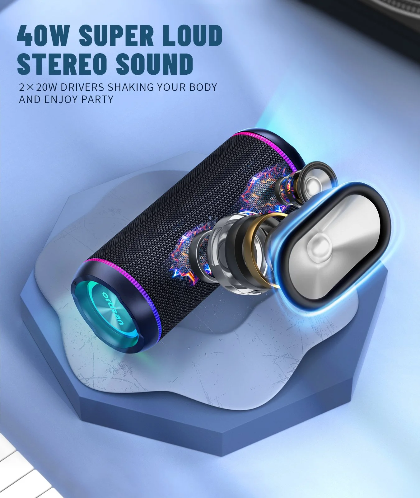 40W Portable Bluetooth Speaker with Bass Boost, IPX7 Waterproof & 30H Playtime