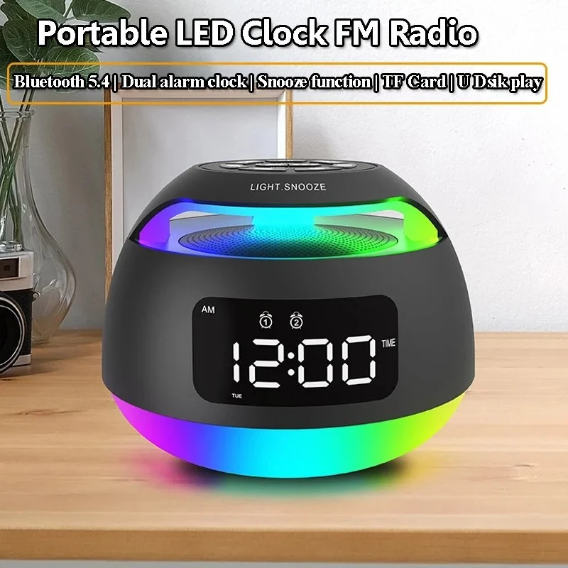 Portable LED Clock FM Radio with Bluetooth Speaker, RGB Lights & Dual Alarm