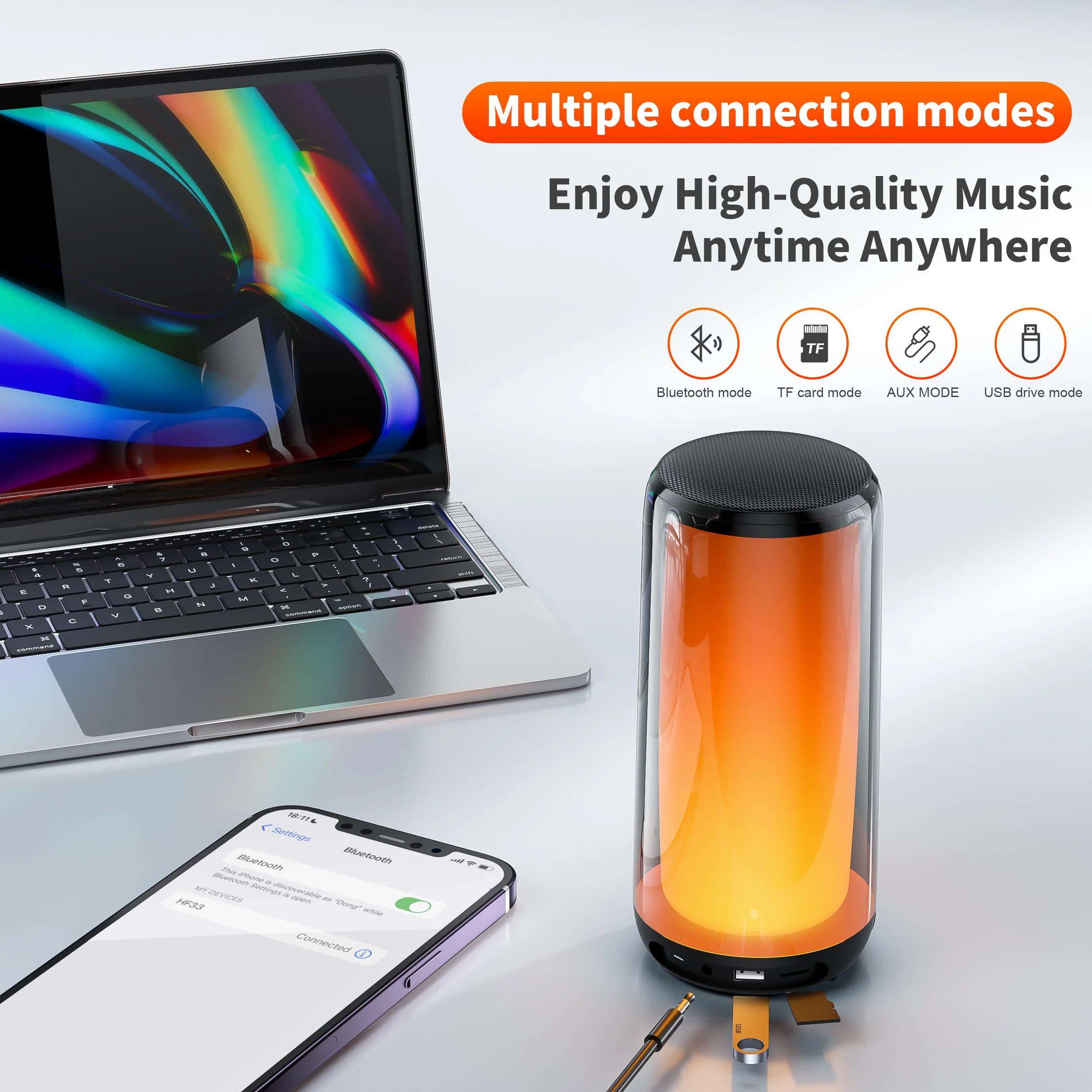 Portable Bluetooth Speaker with 12 Color Lights, 360° LED, and Dolby Cinema Sound
