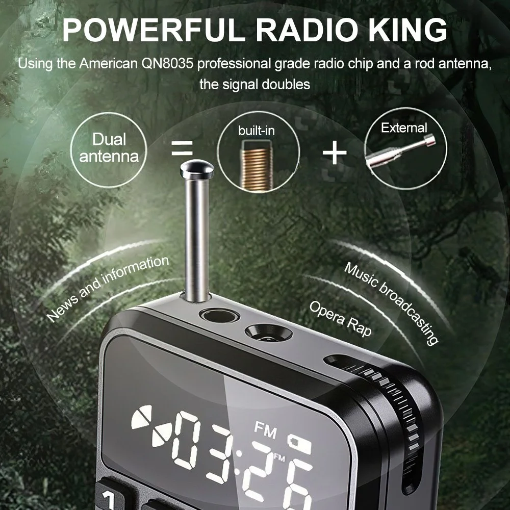 Portable FM Radio Bluetooth Speaker with TF Card Slot, LED Flashlight, and Rechargeable Battery