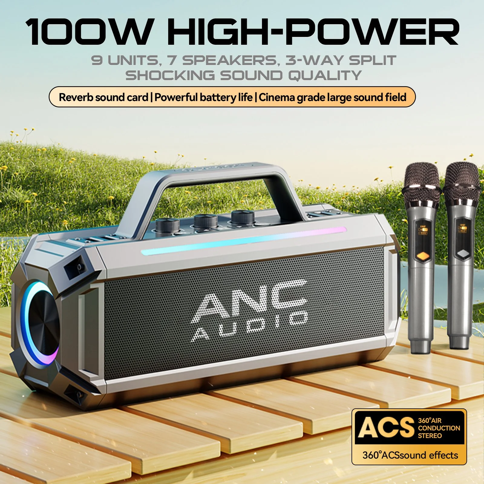 Portable 100W 7-Speaker Subwoofer with Dual Wireless Microphones - Waterproof, RGB, 12 Hours Playtime