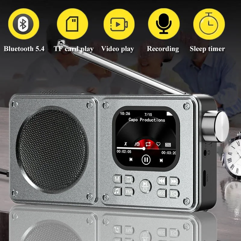 Mini Portable FM Radio Bluetooth Speaker with Alarm Clock & 2" Screen