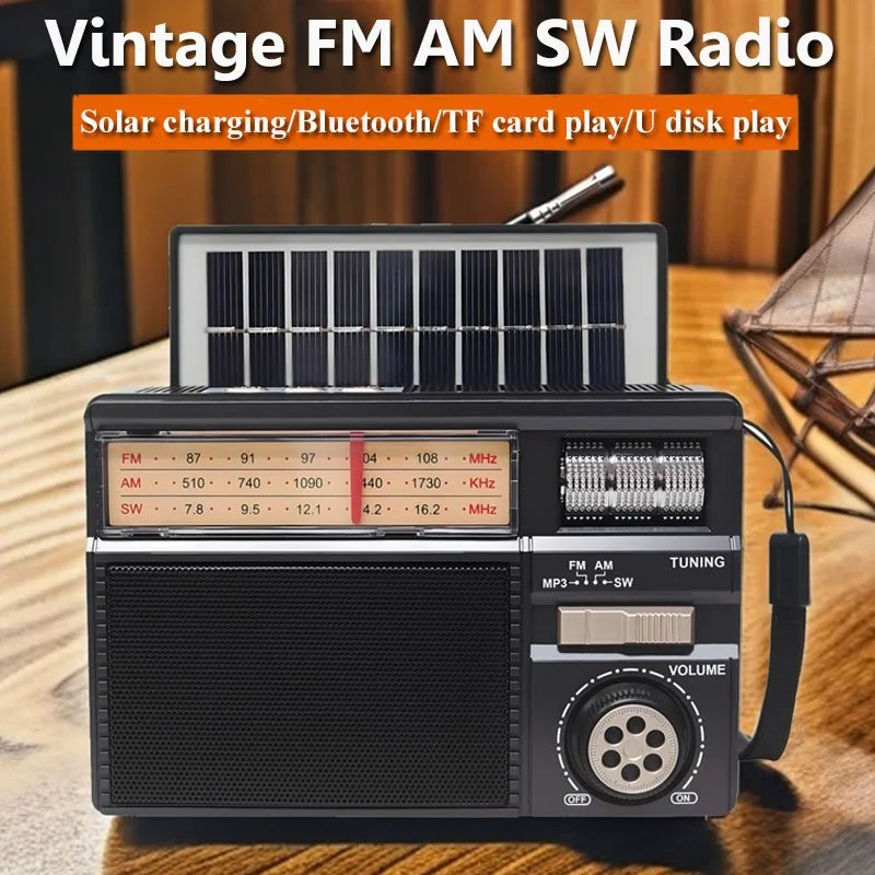 Solar-Powered Vintage Emergency Radio with Bluetooth, FM/AM/SW & USB