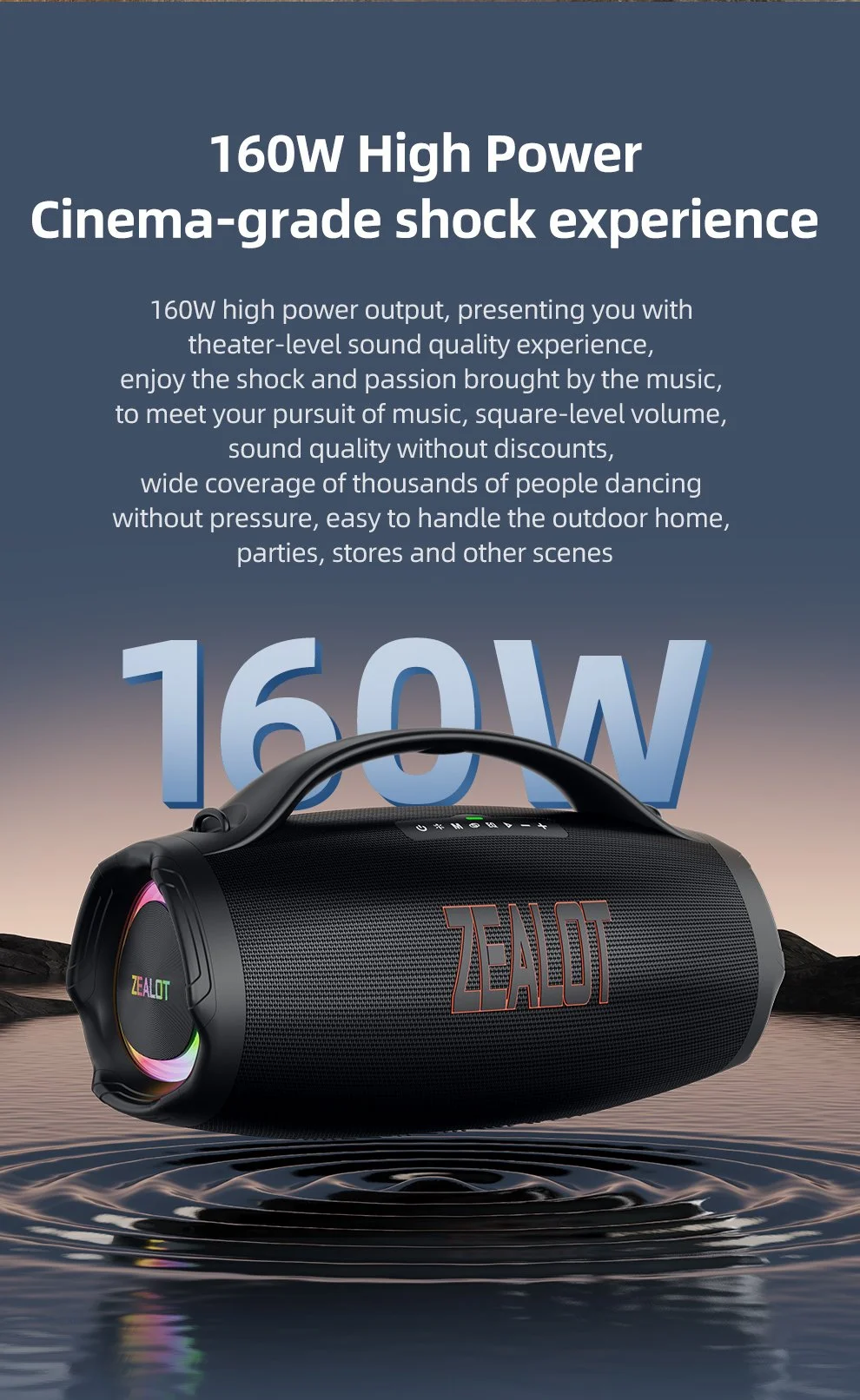 Portable 160W Bluetooth Speaker with Waterproof Design and TWS Functionality