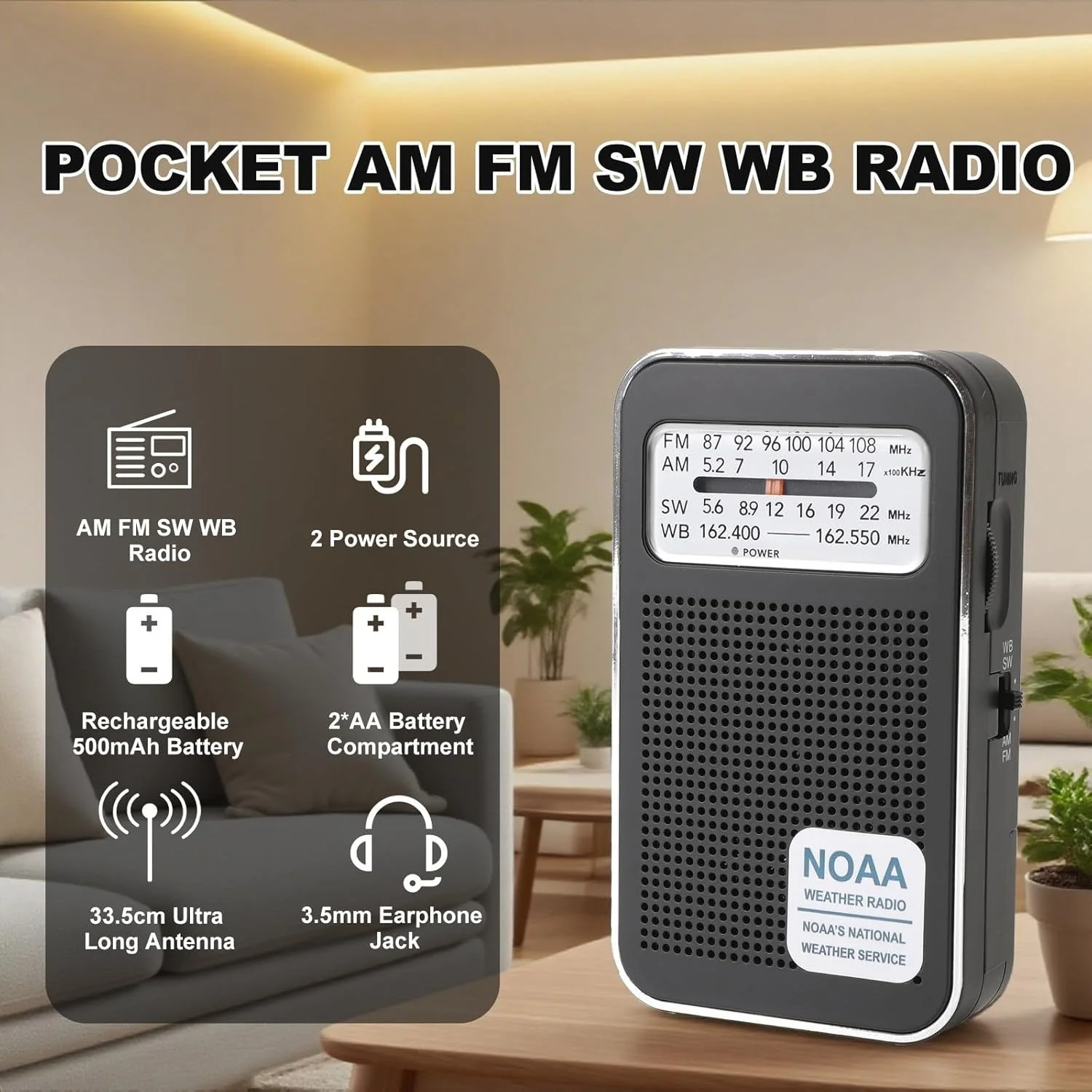 Mini Pocket 4-Band Portable Radio with NOAA Weather Alerts and Dual Power