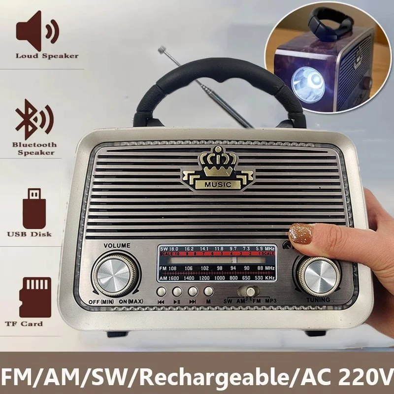 Portable Retro Radio with Bluetooth Speaker & LED Flashlight