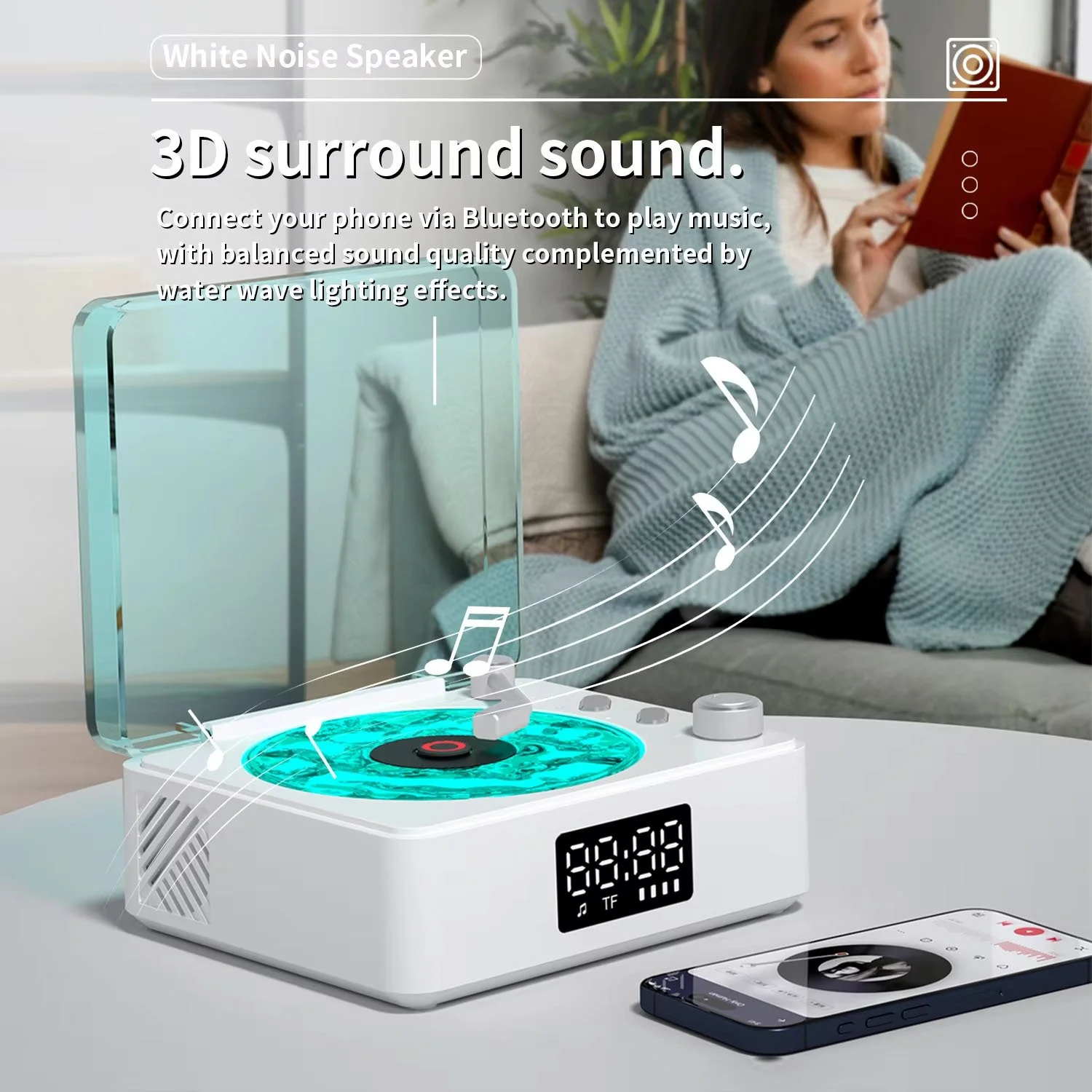 Retro Vinyl Bluetooth Speaker with White Noise & RGB Lights
