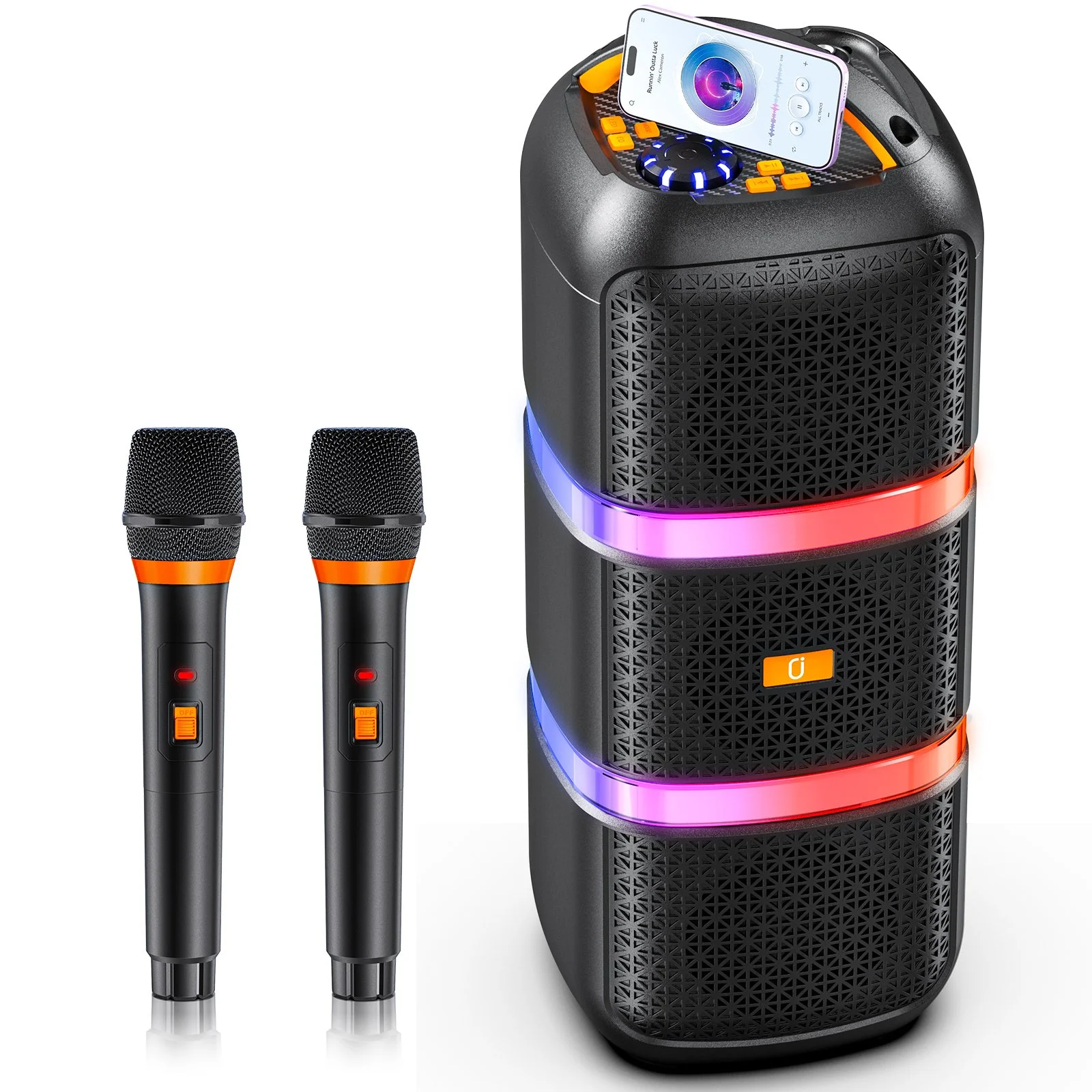 Portable Karaoke Machine with 2 Wireless Microphones, Bass/Treble Adjustment, LED Lights