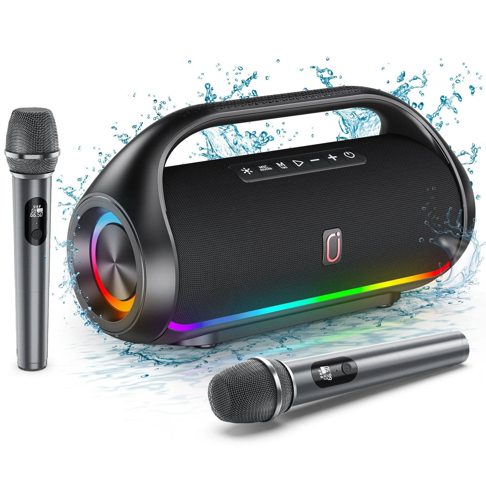 Portable Bluetooth Speaker with DJ Lights, Waterproof, Subwoofer & Wireless Microphones
