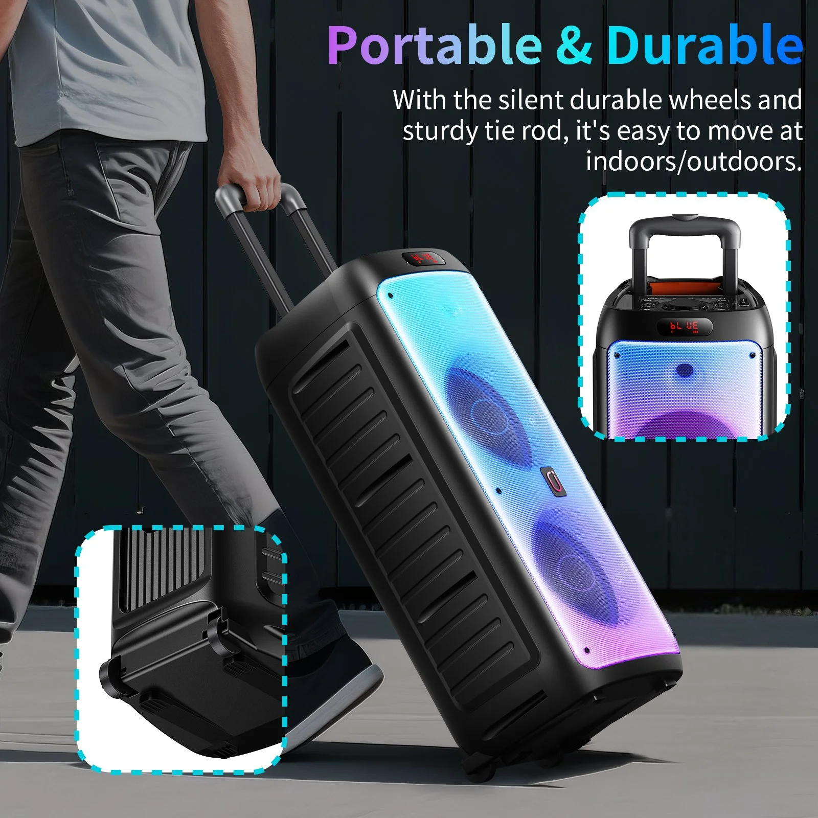 T38 Large Bluetooth Speaker with Wheels, Push Rod & Two Microphones
