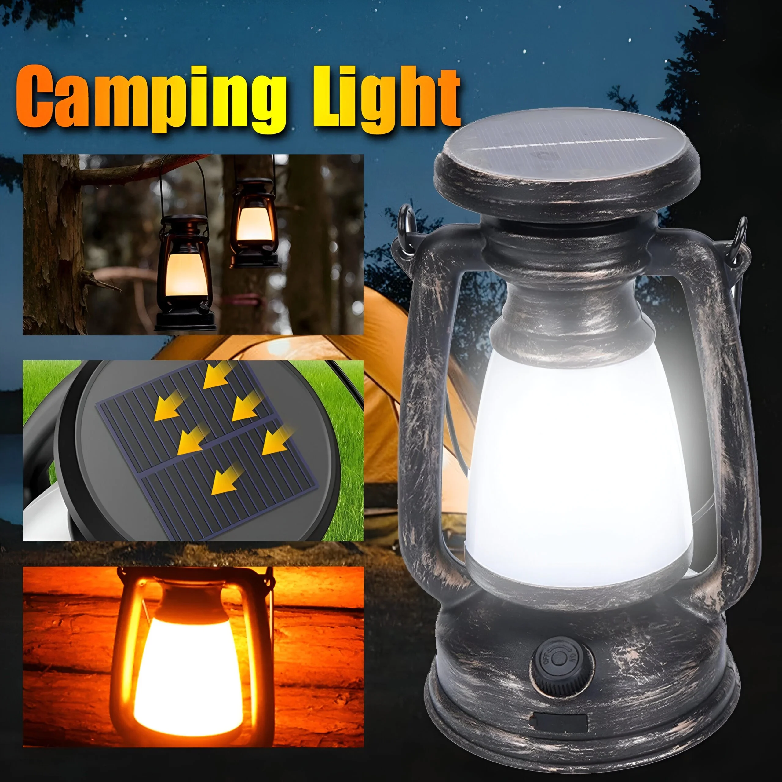 Retro Solar & USB Camping Lantern with Dimmable LED Light