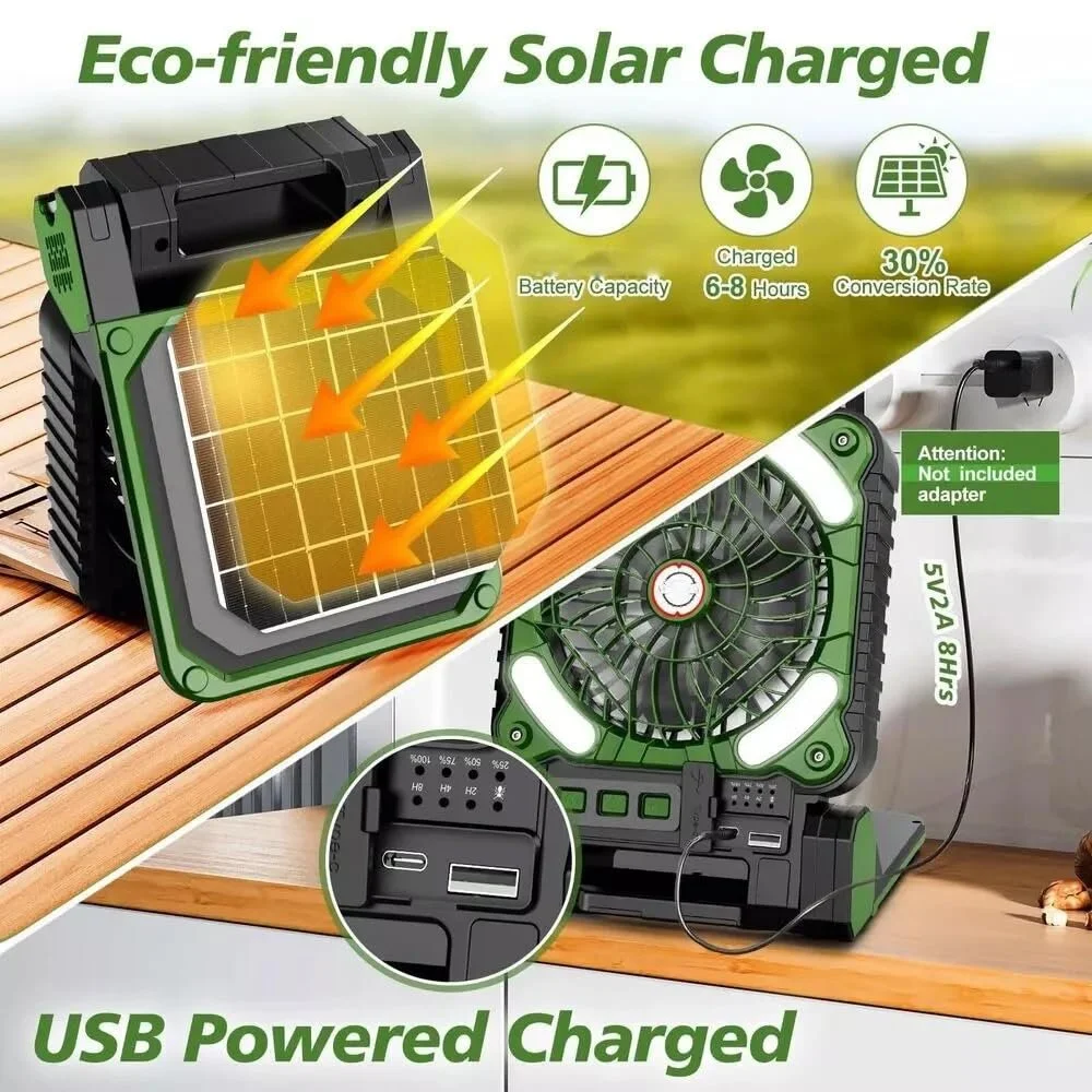 10000mAh Solar Camping Fan Lantern with LED Light & 4-Speed Cooling