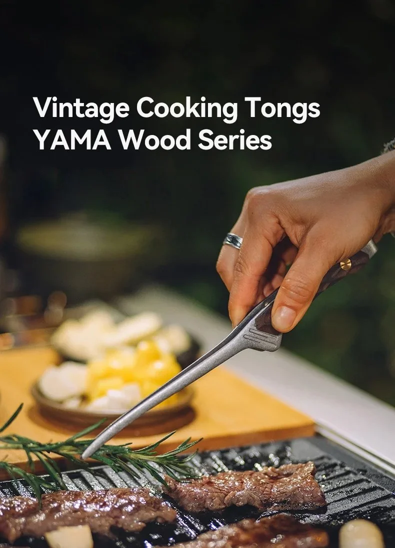 Portable Stainless Steel BBQ Tongs with Wood Handle for Camping & Grilling