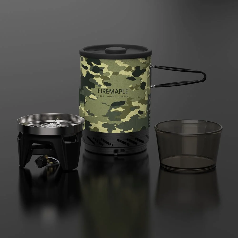 Camouflage Portable Camping Stove System with Heat Exchanger and Ignition