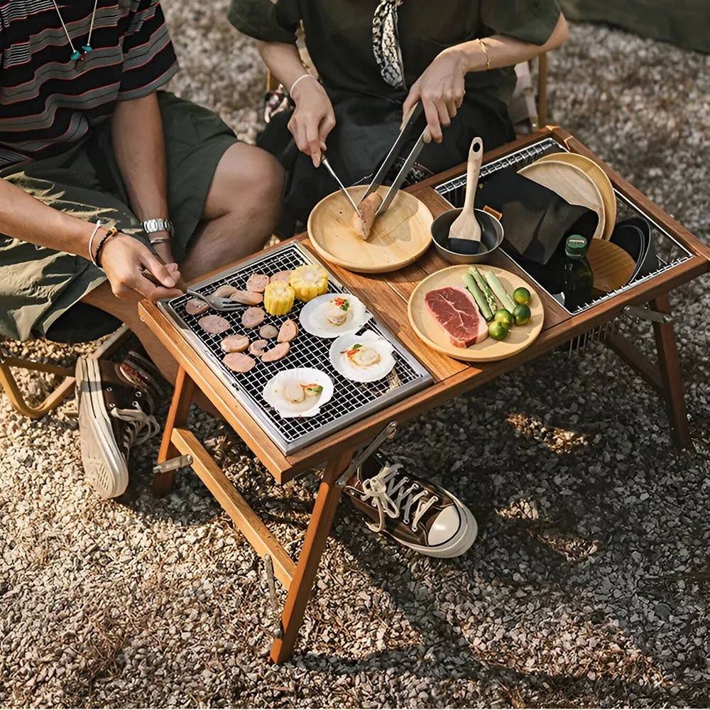Folding Outdoor BBQ & Picnic Combo Table – Portable Teak & Steel Design