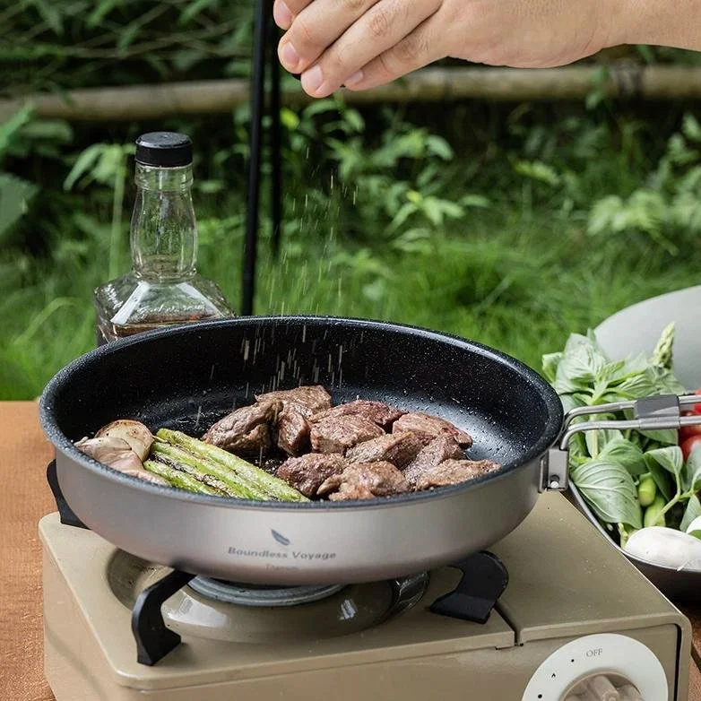 Ultralight Titanium Non-Stick Camping Frying Pan with Folding Handle