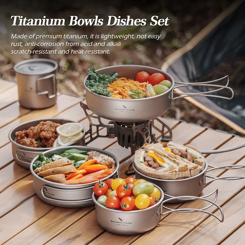 Ultralight Titanium Camping Cookware Set with Folding Handles