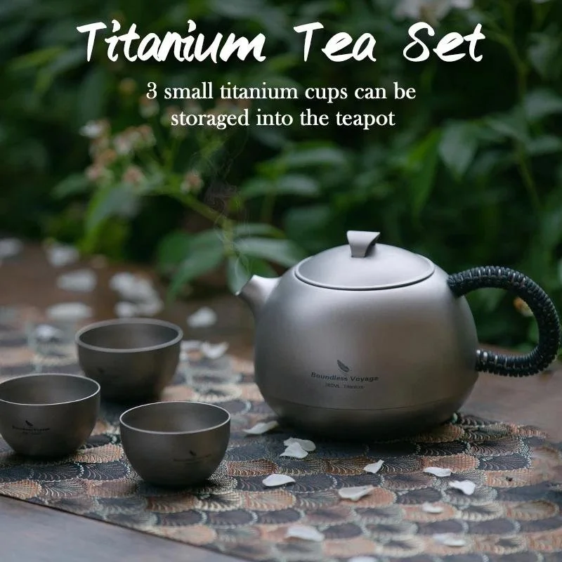 Ultralight 380ml Titanium Camping Kettle with Filter & 3 Mini Tea Cups