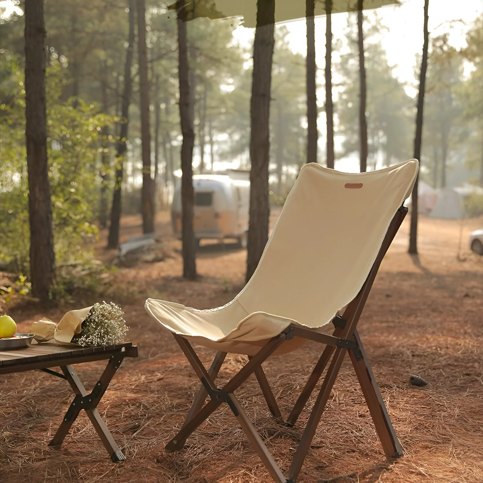 Folding Wooden Camping Chair with Canvas Seat – Portable Outdoor Moon Chair
