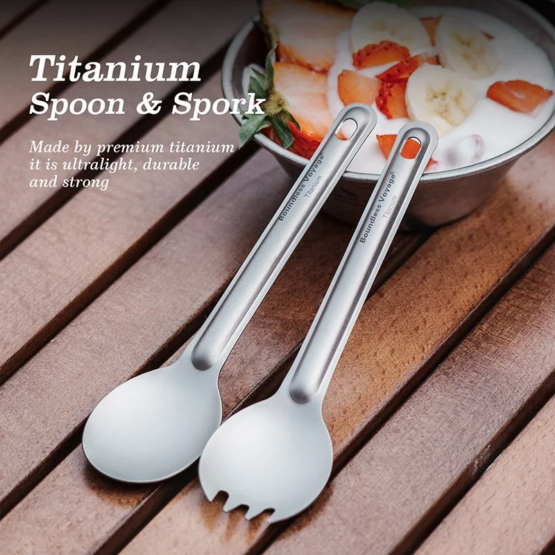 Ultralight Titanium Spoon and Spork Set with Storage Bag for Camping & Hiking