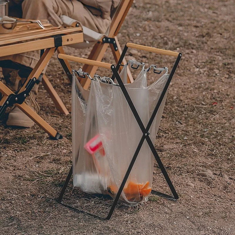Foldable Iron & Wood Trash Bag Rack – Portable Kitchen & Camping Organizer