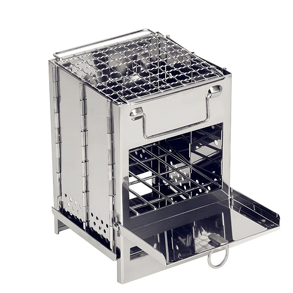 Portable Stainless Steel Wood Burning Camping Stove with Foldable Grill