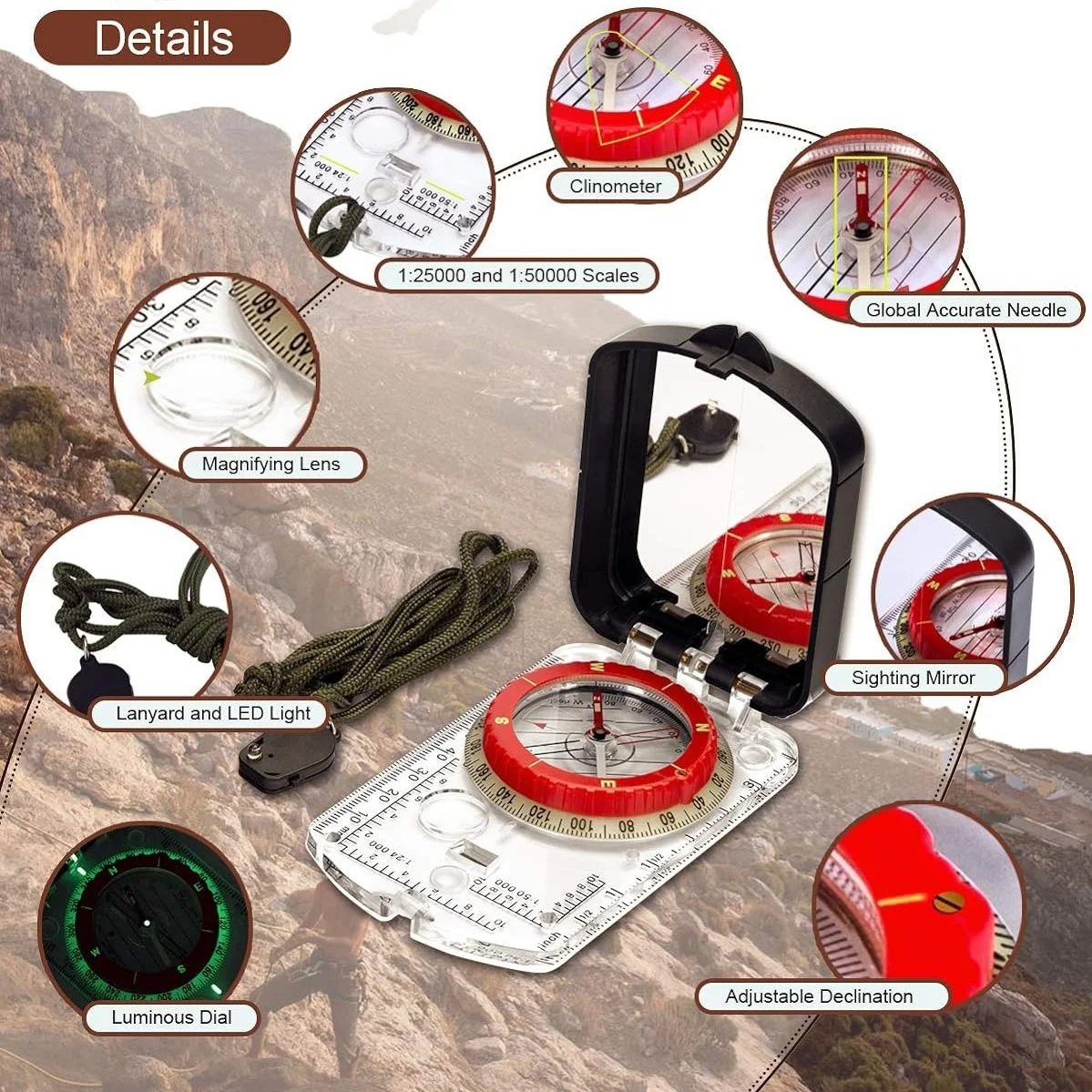 Military-Grade Sighting Compass with Mirror & LED Light for Hiking & Orienteering
