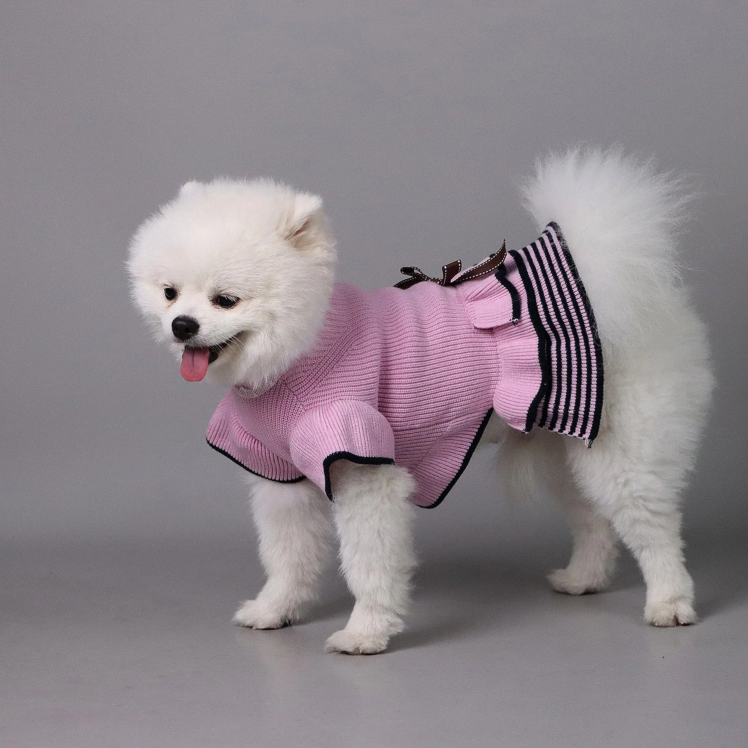 Cozy Knit Dog Sweater Dress with Bowtie Turtleneck for Small Dogs