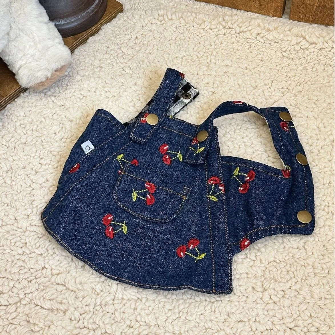 Blue Denim Cherry Pattern Dog Dress for Small Dogs