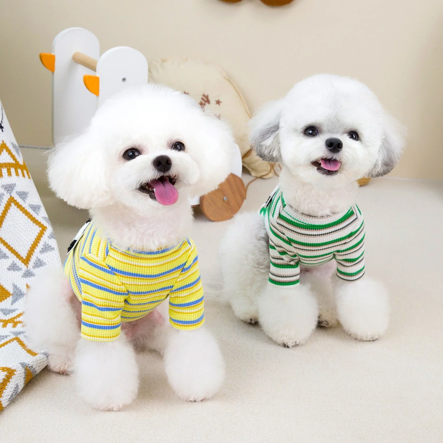Small Dog Winter Clothes – Soft Teddy Cartoon Striped Pullover T-Shirt for Autumn & Winter