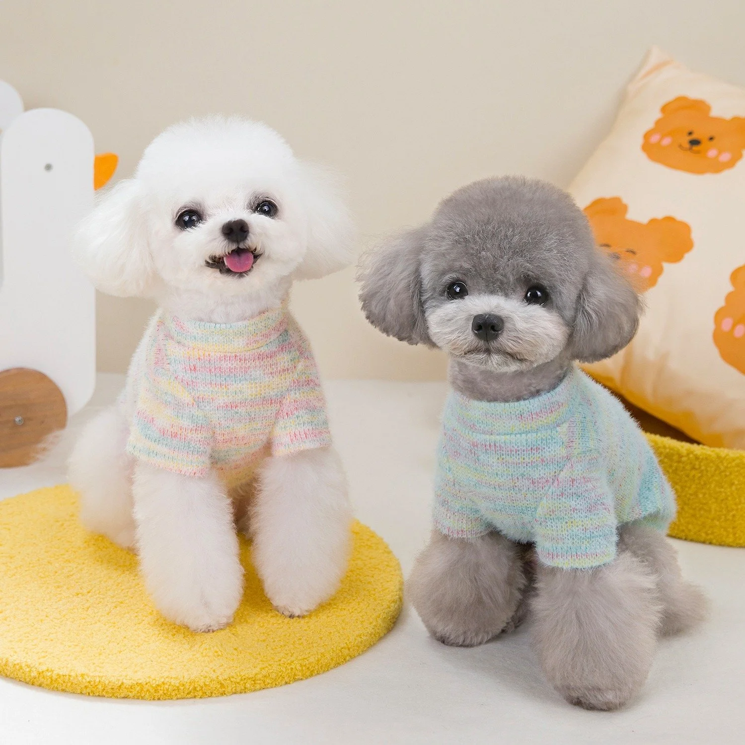 Soft Rainbow Striped Winter Dog Sweater – Cozy Fleece T-Shirt for Small Dogs