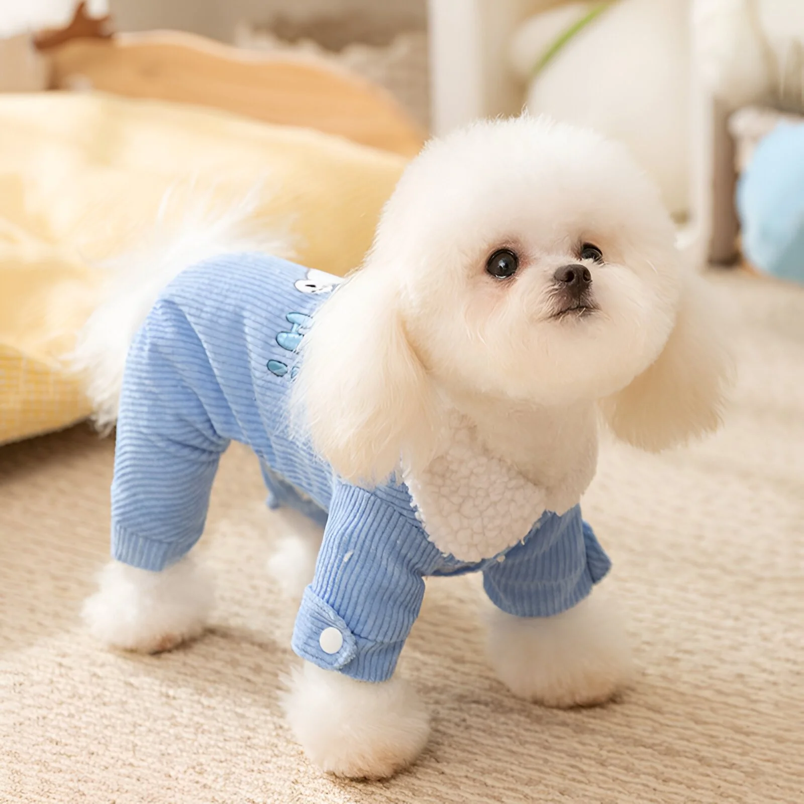 Winter Puppy Corduroy Patch Embroidered Cotton Coat – Warm 4-Legged Dog Jacket