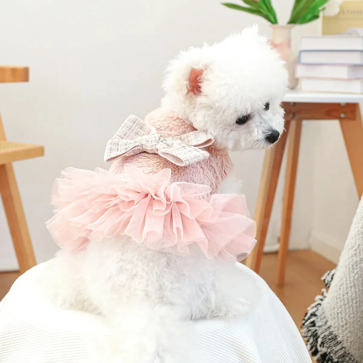 Cozy Plush & Mesh Dress with Woolen Bow