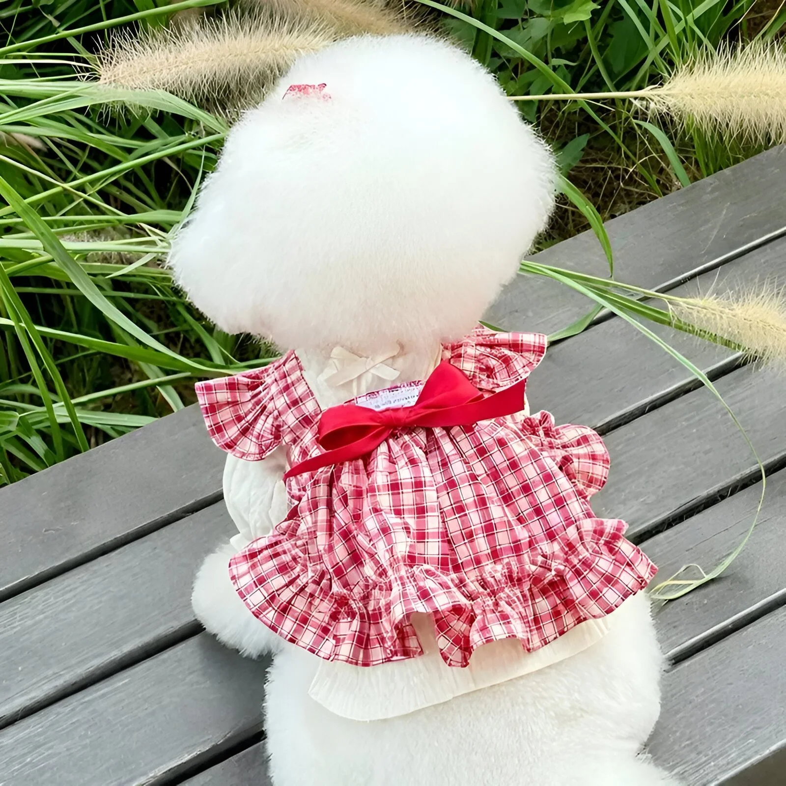 Red Plaid Dog Dress with Bow