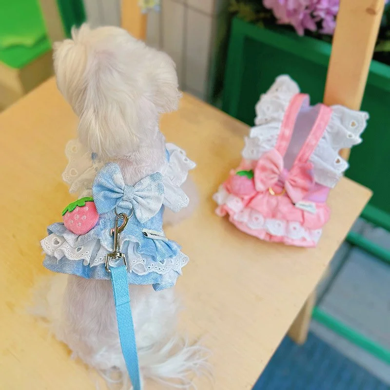 Strawberry-Themed Denim Harness Dress for Small Dogs and Cats