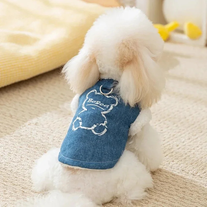 Cozy Denim Pet Jacket with Teddy Bear Embroidery & Fleece Collar