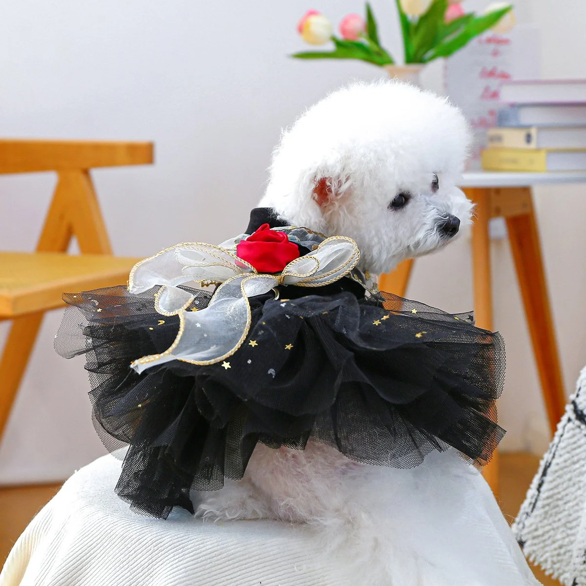 Elegant Black Mesh Dog Dress with Velvet Rose