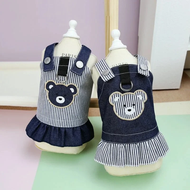 Spring Striped Denim Dress for Small Dogs – Cute Bear Strap Skirt Pet Outfit