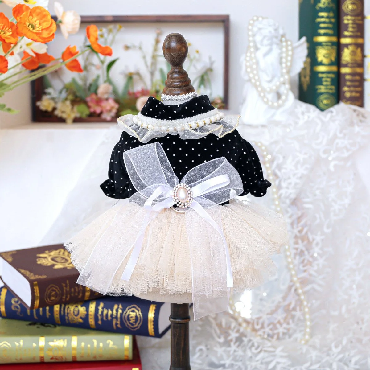 Elegant Pearl Bow Mesh Dress for Cats & Small Dogs