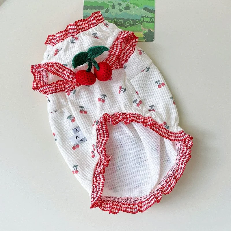Cherry Lace Summer Dog Dress with Tulle Skirt for Small Pets