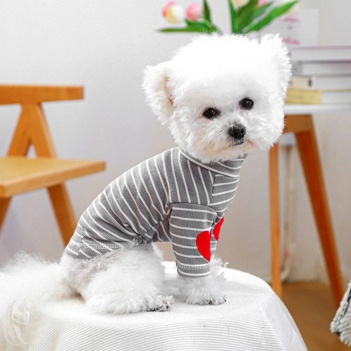 Striped High Neck Dog Shirt with Heart Sleeves