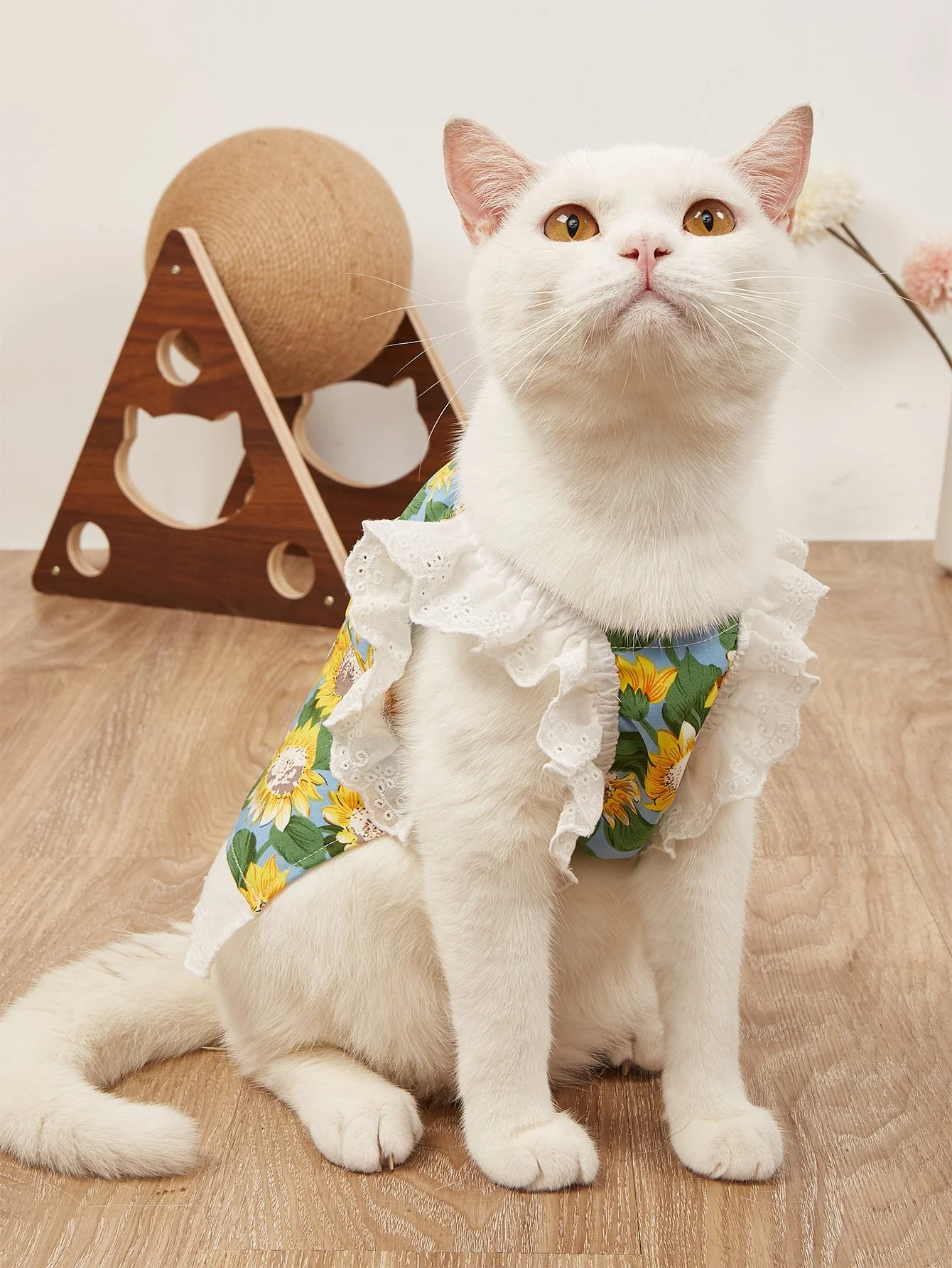Sunflower Print Pet Dress with Lace Ruffles
