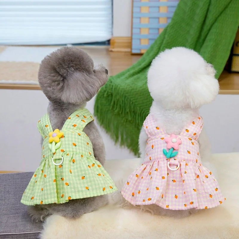 Green Plaid Dog Dress with Leash for Summer