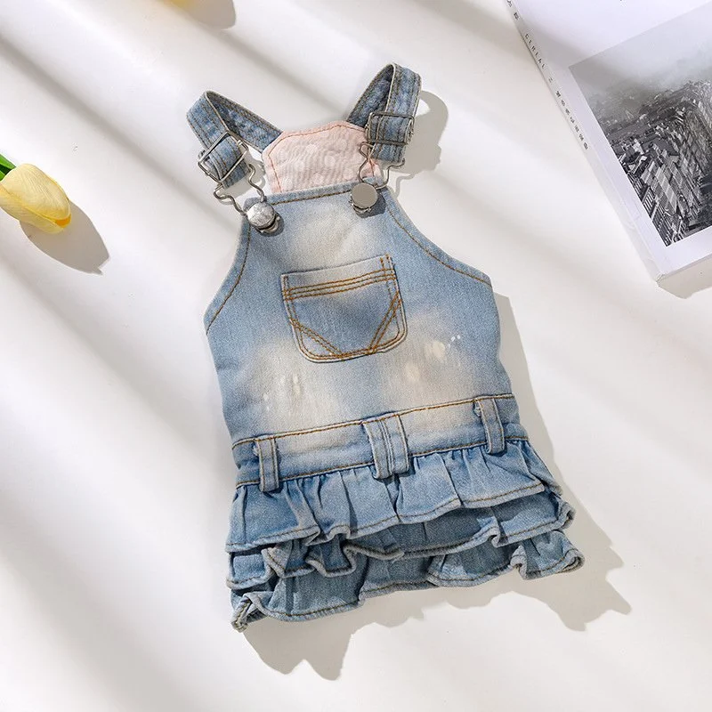 Pet Denim Strap Dress with Puffy Skirt – Cute Dog & Cat Outfit for All Seasons