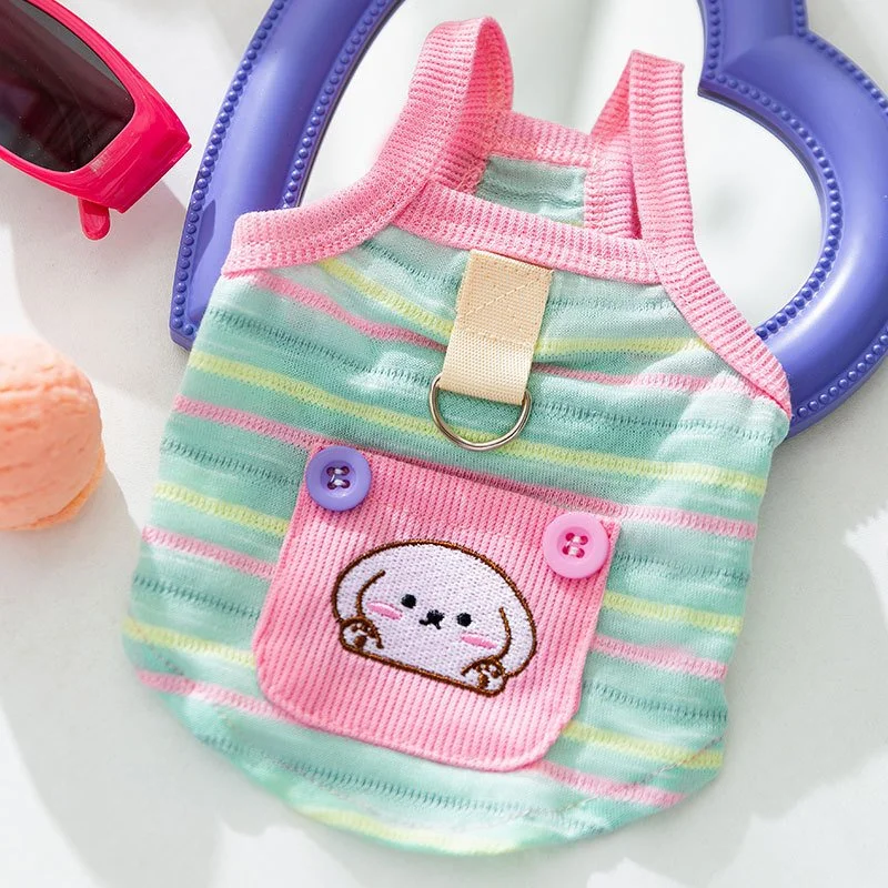 Striped Pet Overalls with Cute Teddy Bear Pocket – Lightweight Summer Dog Clothes