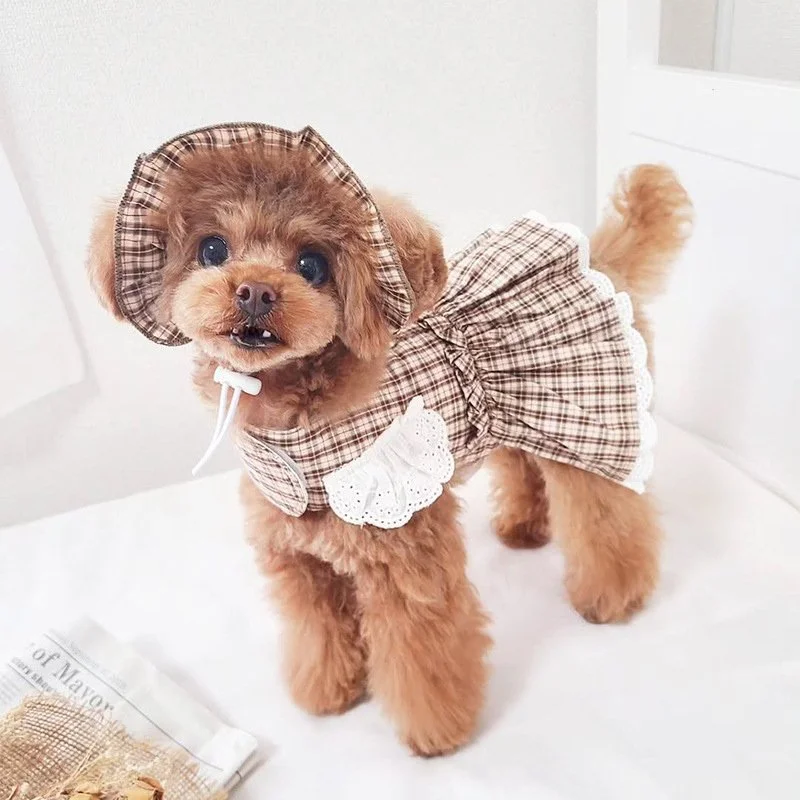 Plaid Dog Harness Dress with Leash & Hat – Princess Style for Walks & Photos